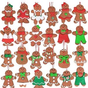 24 Christmas Hanging Gingerbread Tree Ornaments Bulk Clay Figurine Ornaments